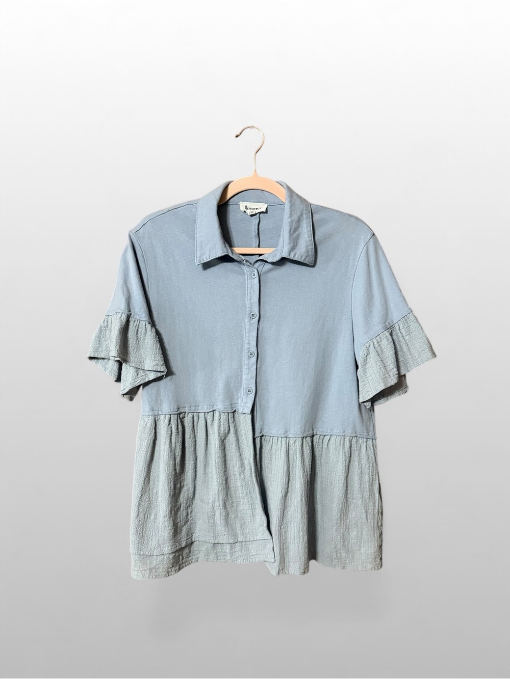 &merci Blue Babydoll Top Ruffle Sleeve Button Front Textured Cotton